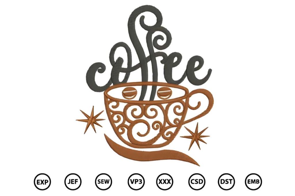 Machine embroidery designs for various styles featuring a coffee cup with steam forming the word coffee and decorative stars