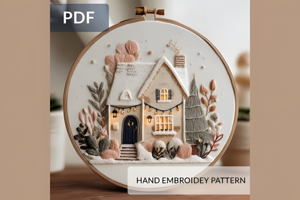 Hand embroidery patterns showing a winter cottage scene with snowy roof, warm windows, and floral details in a hoop