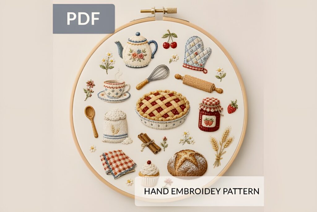Hand embroidery patterns featuring cozy kitchen motifs like teapot, pie, bread, and baking tools in a hoop