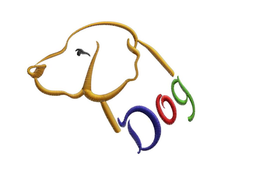 Machine embroidery designs for various styles featuring a simple dog head outline with the word Dog in colorful thread
