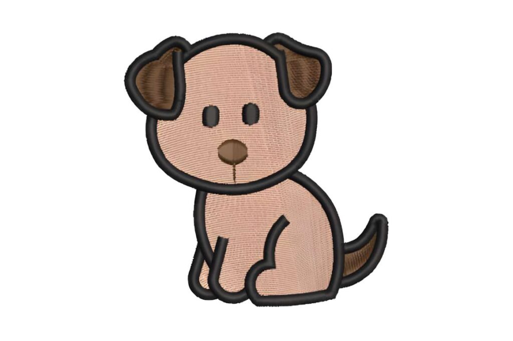 Machine embroidery designs for various styles featuring a small brown dog with black outline and details