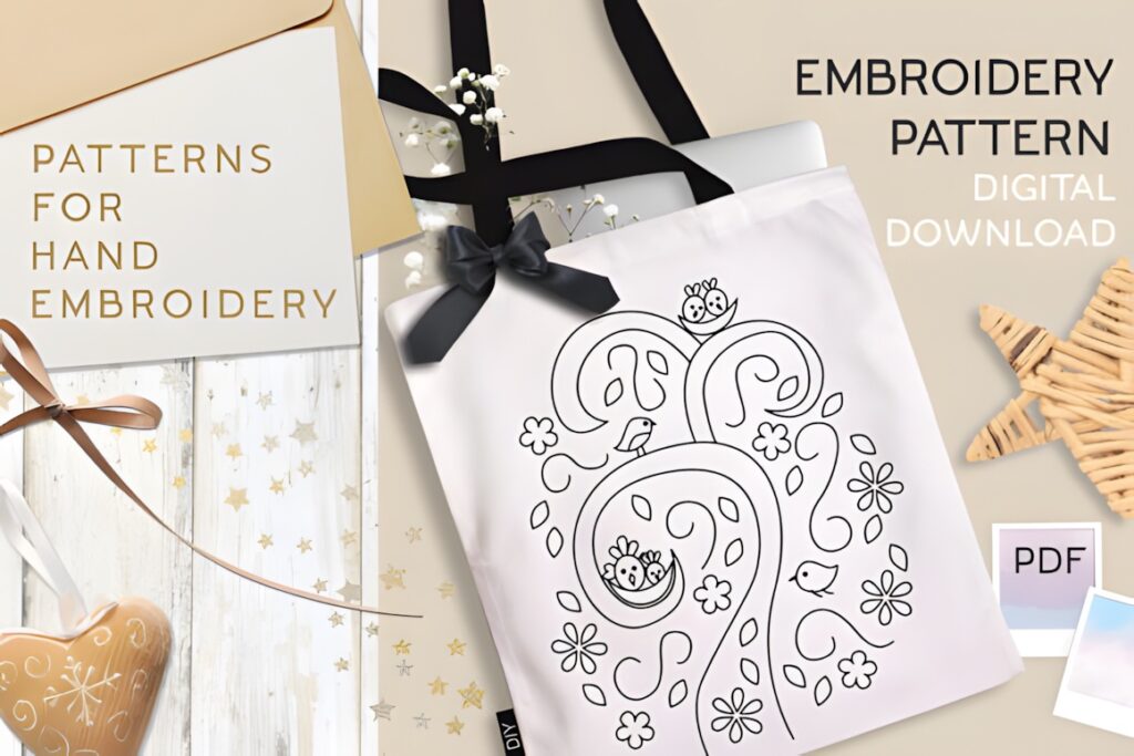 Hand embroidery patterns featuring a whimsical bird nest design on a tote bag with floral and bird motifs