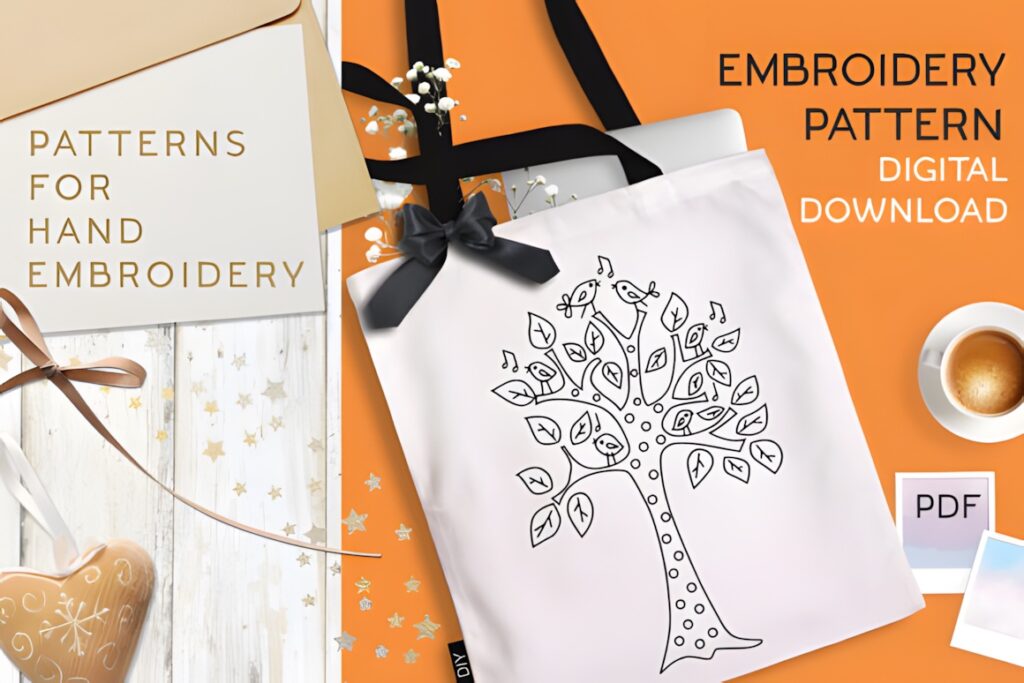 Hand embroidery patterns featuring a tree with singing birds printed on a white tote bag alongside a coffee cup and gift