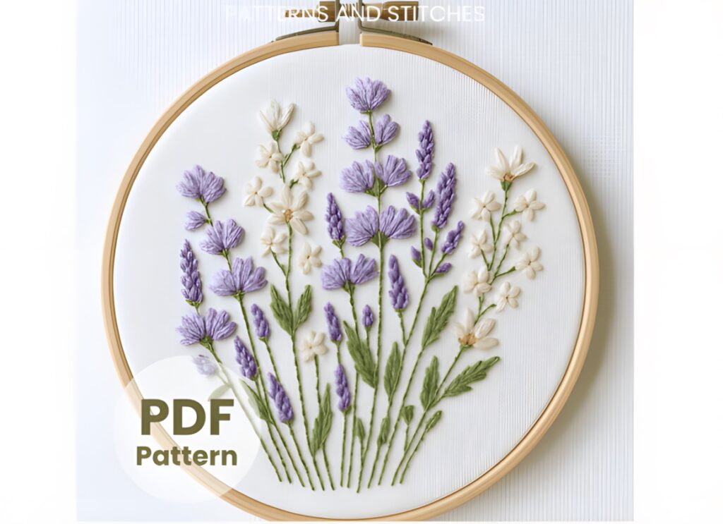 hand embroidery patterns showing a floral bouquet with purple and white flowers in an embroidery hoop