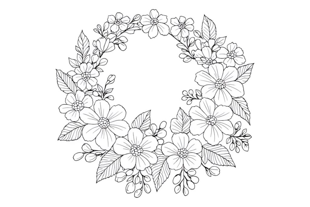 Floral wreath hand embroidery pattern with flowers and leaves arranged in a round botanical design — hand embroidery patterns