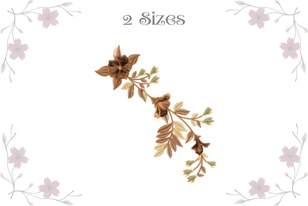 Large floral machine embroidery designs for various styles in two sizes with brown and beige tones