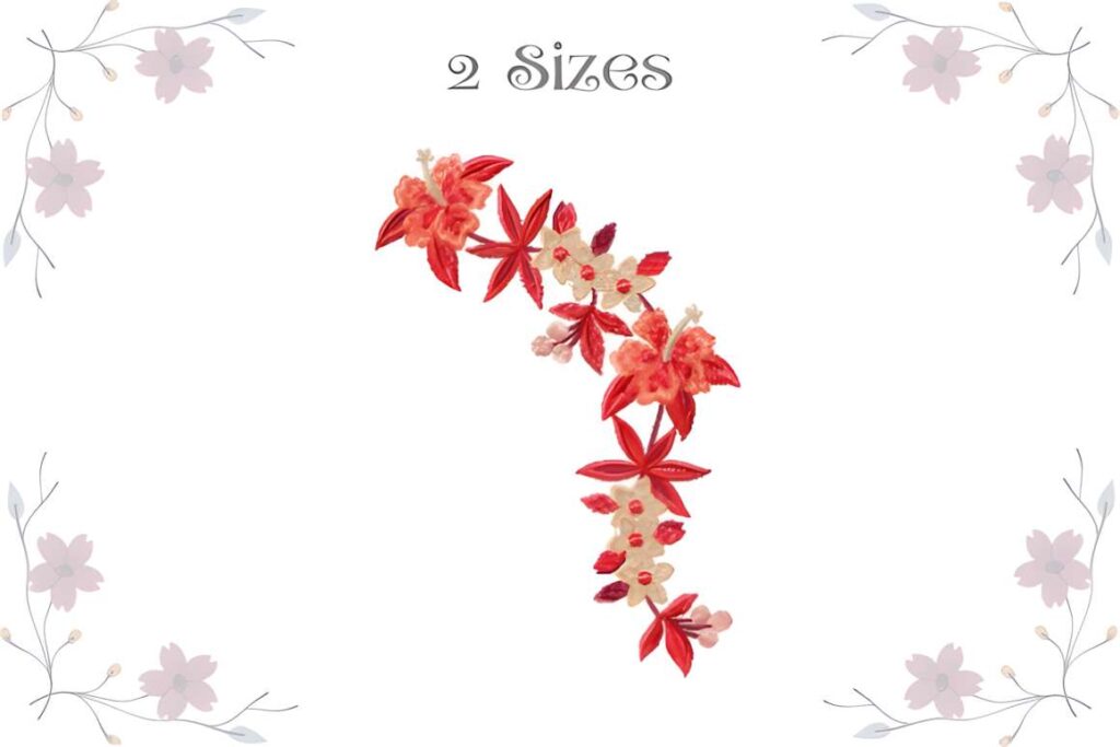 machine embroidery designs for various styles featuring elongated floral layout in red and beige tones