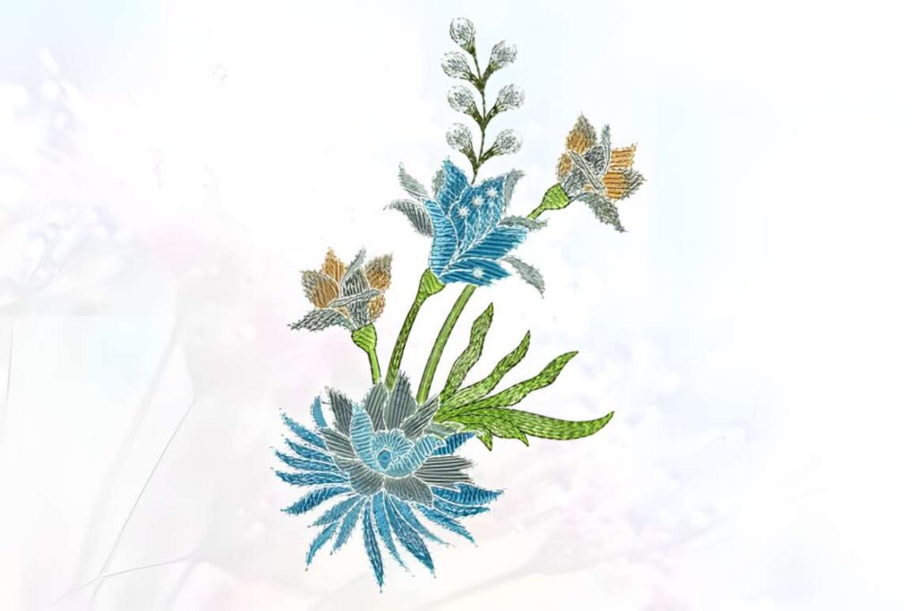 machine embroidery designs for various styles featuring a blue and beige floral pattern with green leaves