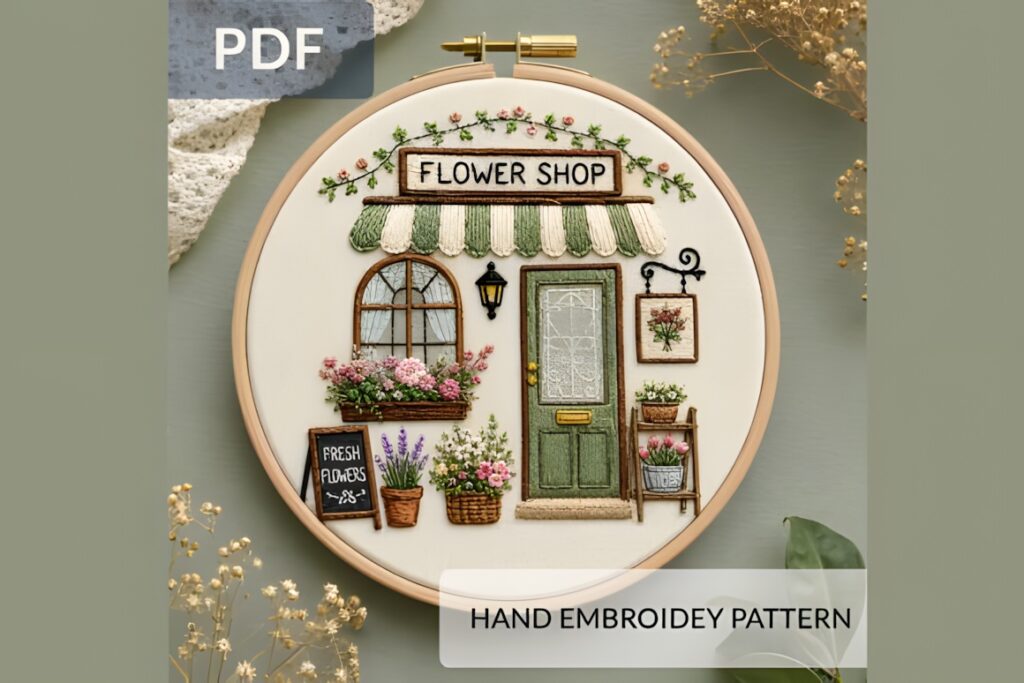 Hand embroidery patterns showing a vintage-style flower shop with striped awning, potted flowers, and detailed door and
