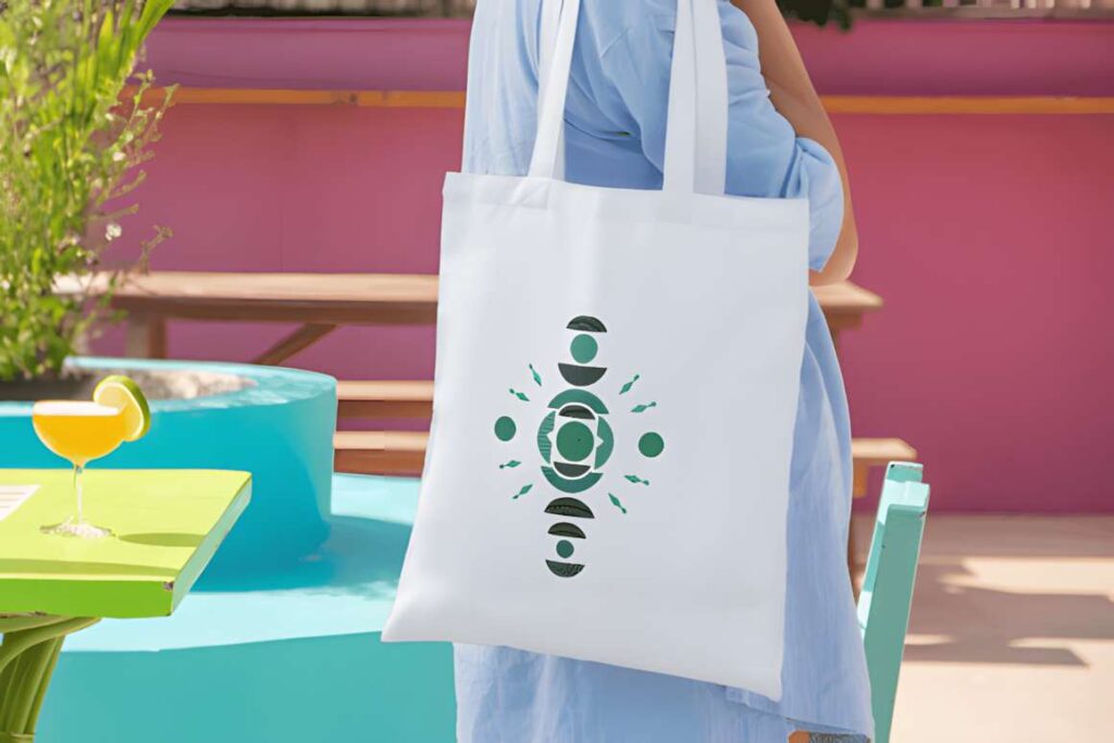 White tote bag with geometric abstract machine embroidery designs for various styles featuring circles and angular shapes