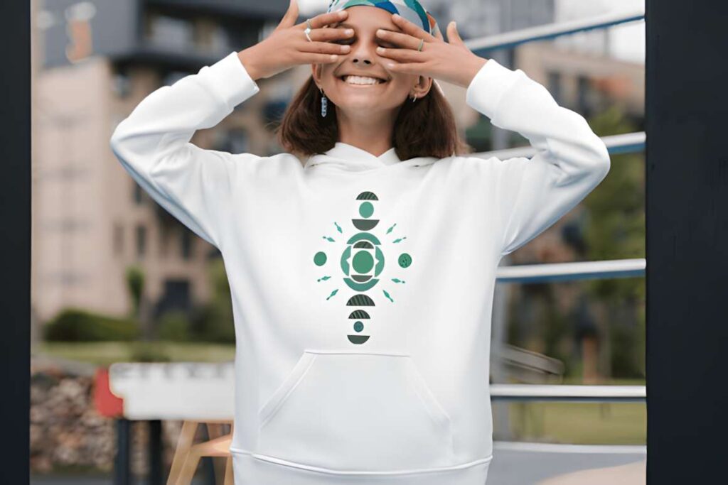 White hoodie with geometric abstract embroidery art featuring circles and — machine embroidery designs for various styles