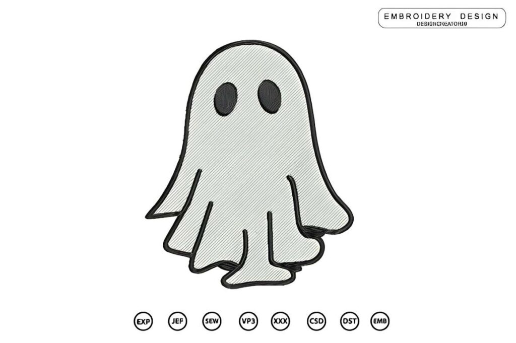 Halloween embroidery design featuring a ghost with black eyes, part of machine embroidery designs for various styles