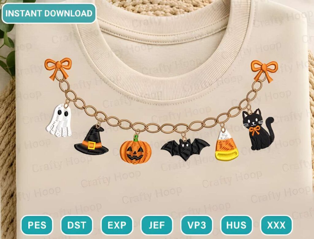 Machine embroidery designs for various styles featuring a Halloween ghost-themed chain with ghost, witch hat, pumpkin, bat