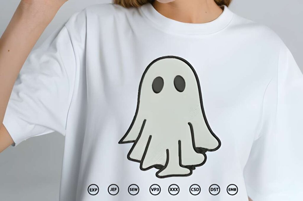 Halloween embroidery design featuring a ghost on a white shirt, part of machine embroidery designs for various styles