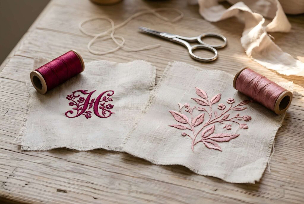Machine embroidery thread used on fabric with floral and monogram designs alongside scissors and thread spools