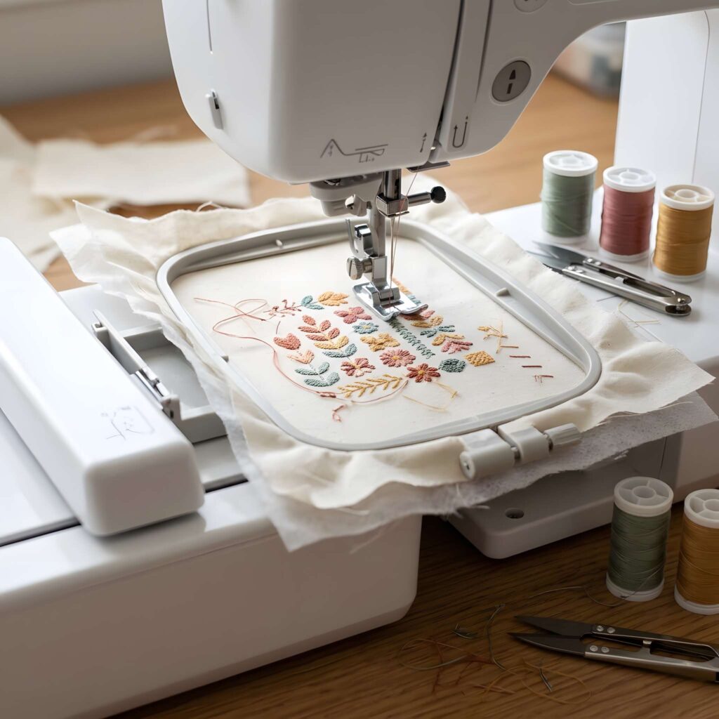 Embroidery machine stitching colorful floral design on fabric with regular thread spools nearby