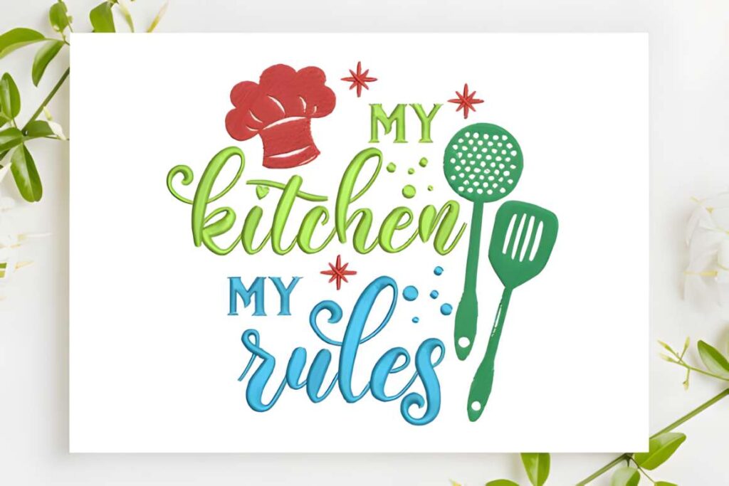 Machine embroidery designs for various styles featuring My Kitchen My Rules with chef hat and cooking tools