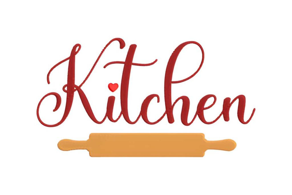 Machine embroidery designs for various styles featuring the word Kitchen with a rolling-pin motif in red and tan colors