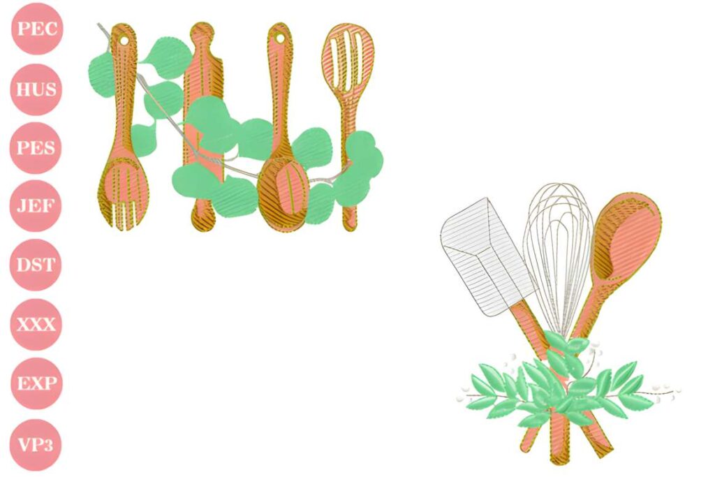 Machine embroidery designs for various styles featuring kitchen utensils like spoons, spatulas, and whisks with green leaves