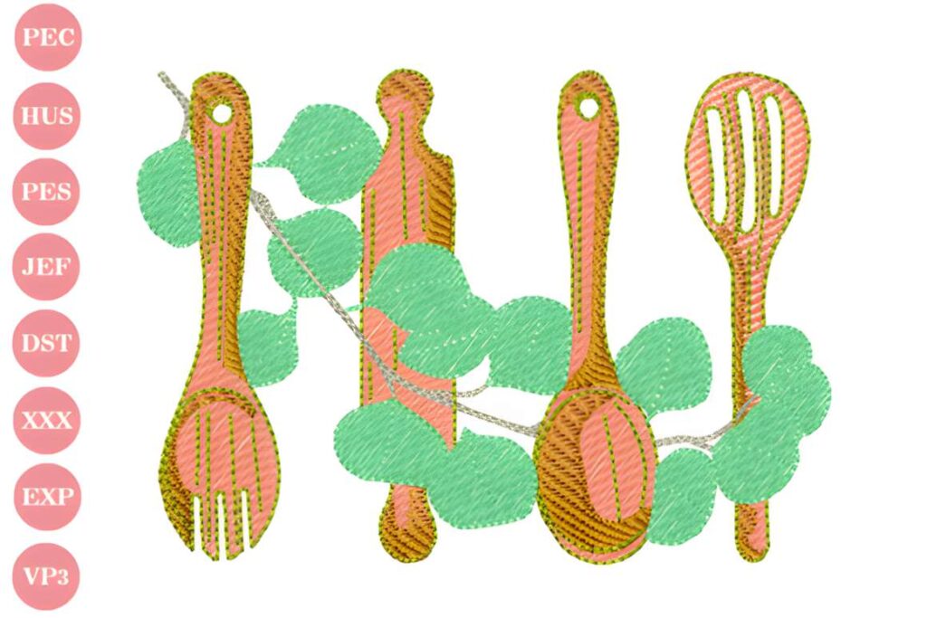Machine embroidery designs for various styles featuring kitchen utensils with green leaves background