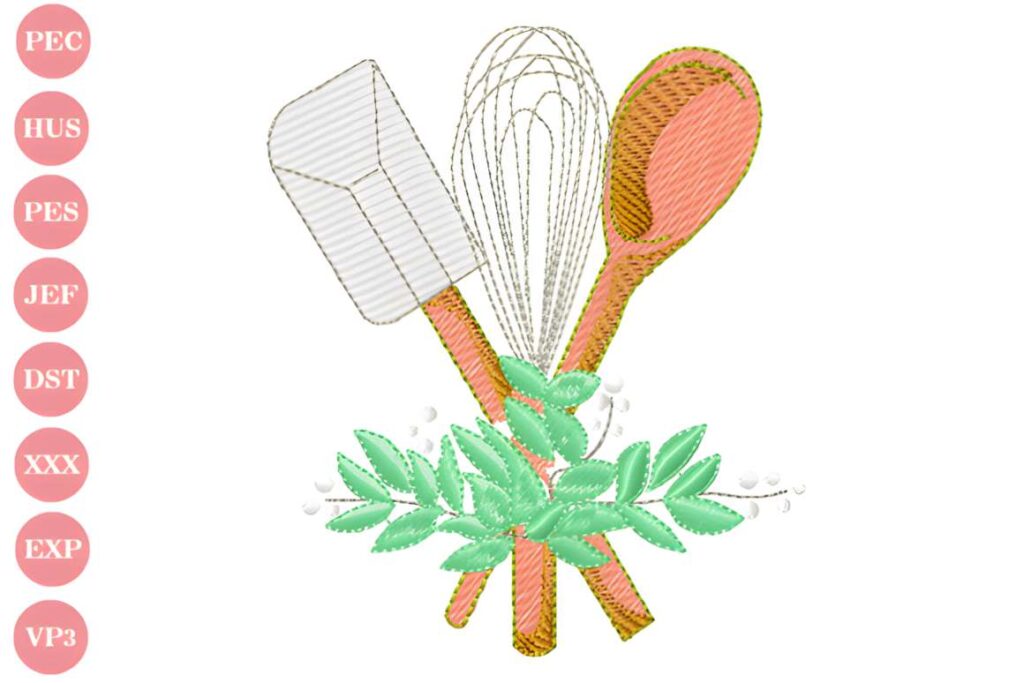 Machine embroidery designs for various styles featuring kitchen utensils including spatula, whisk, and wooden spoon with