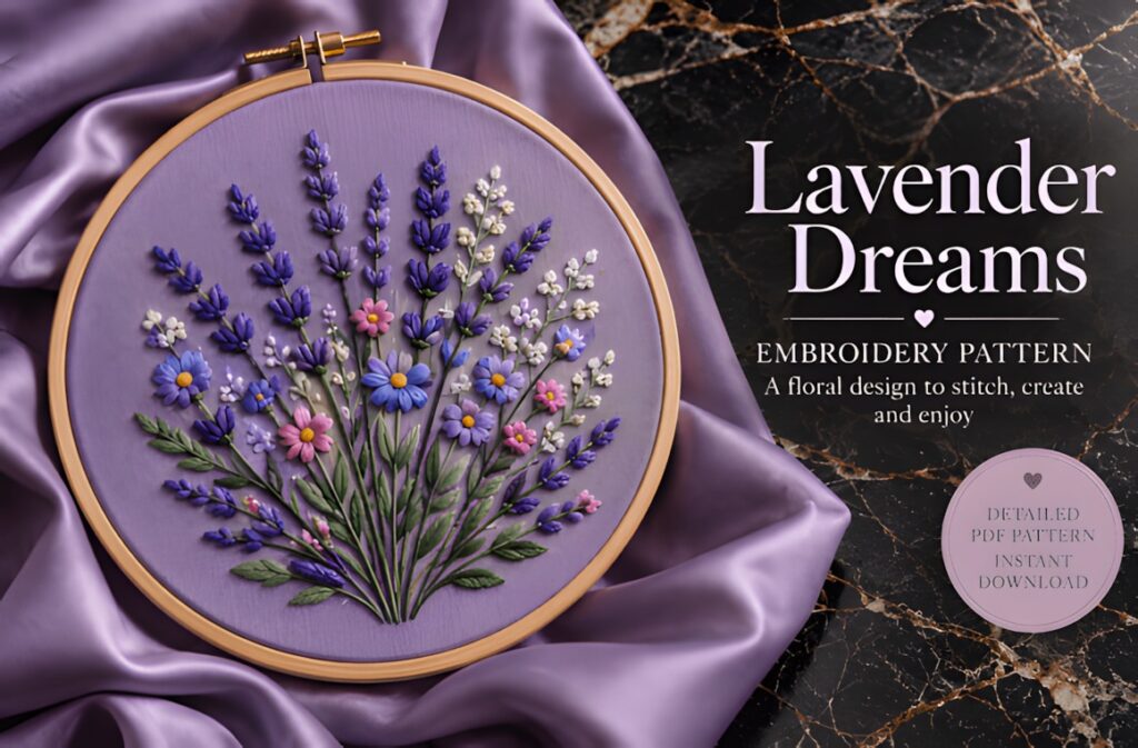 Hand embroidery patterns featuring Lavender Dreams with lavender stems and colorful floral elements in a hoop