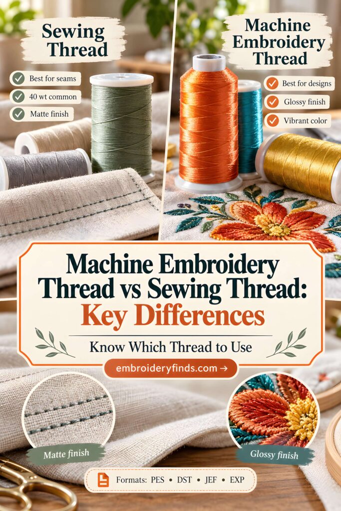 Spools of machine embroidery thread and sewing thread showing differences in finish and color for decorative and seam use
