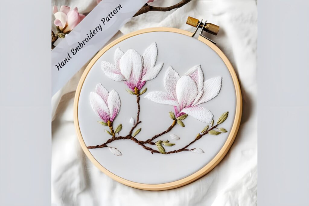 Magnolia blossom hand embroidery pattern with white and pink flowers on a branch in a wooden hoop — hand embroidery patterns