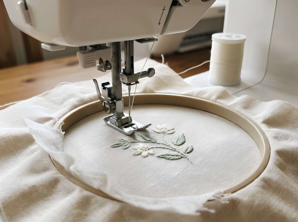 Best thread for machine embroidery stitching a floral design on white fabric with embroidery hoop