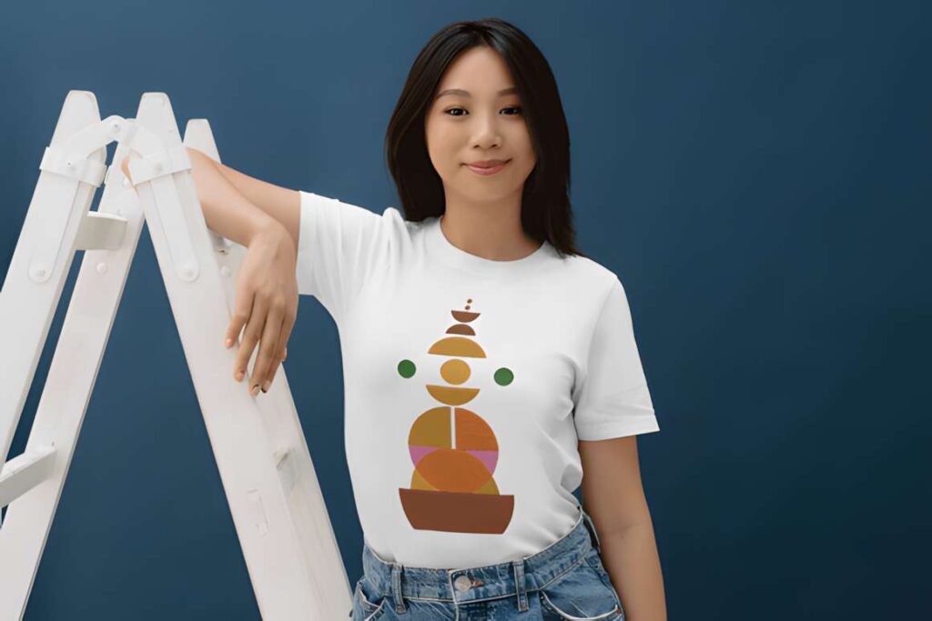 Young woman wearing a white t-shirt with modern geometric embroidery designs — machine embroidery designs for various styles