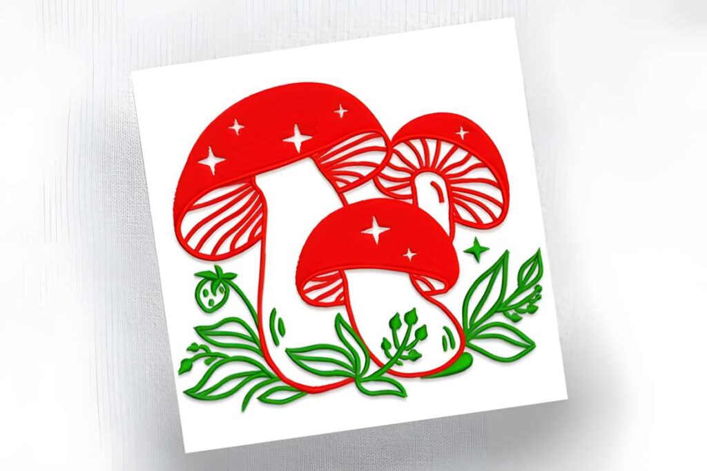 Machine embroidery designs for various styles featuring three red mushrooms with green leaves and botanical accents