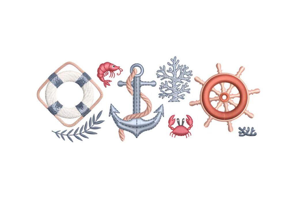 machine embroidery designs for various styles featuring nautical elements like anchor, ship wheel, lifebuoy, coral, shrimp