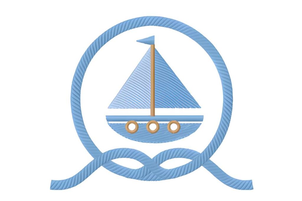 Nautical sailboat machine embroidery designs for various styles inside a rope-style frame