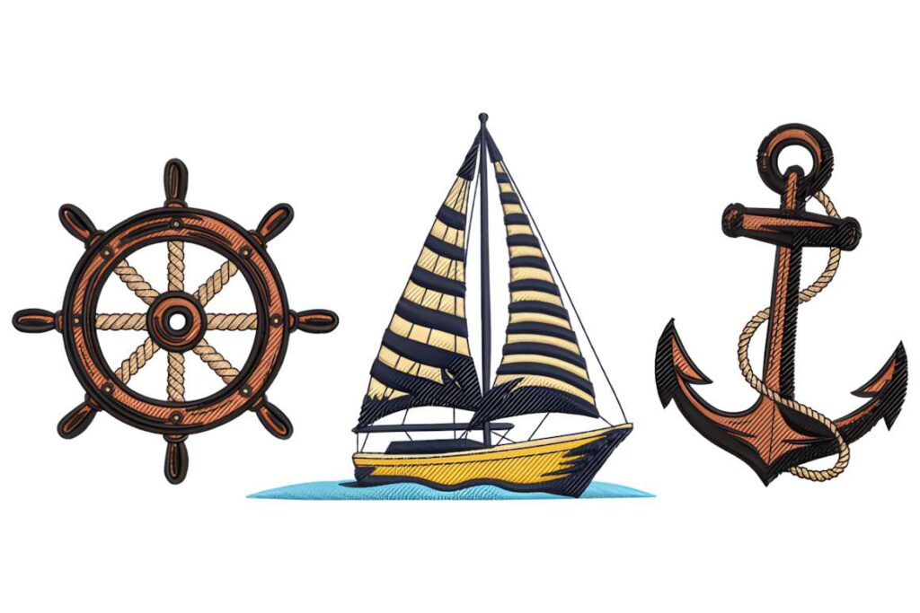 Machine embroidery designs for various styles featuring a ship wheel, a sailboat with striped sails, and a rope-wrapped