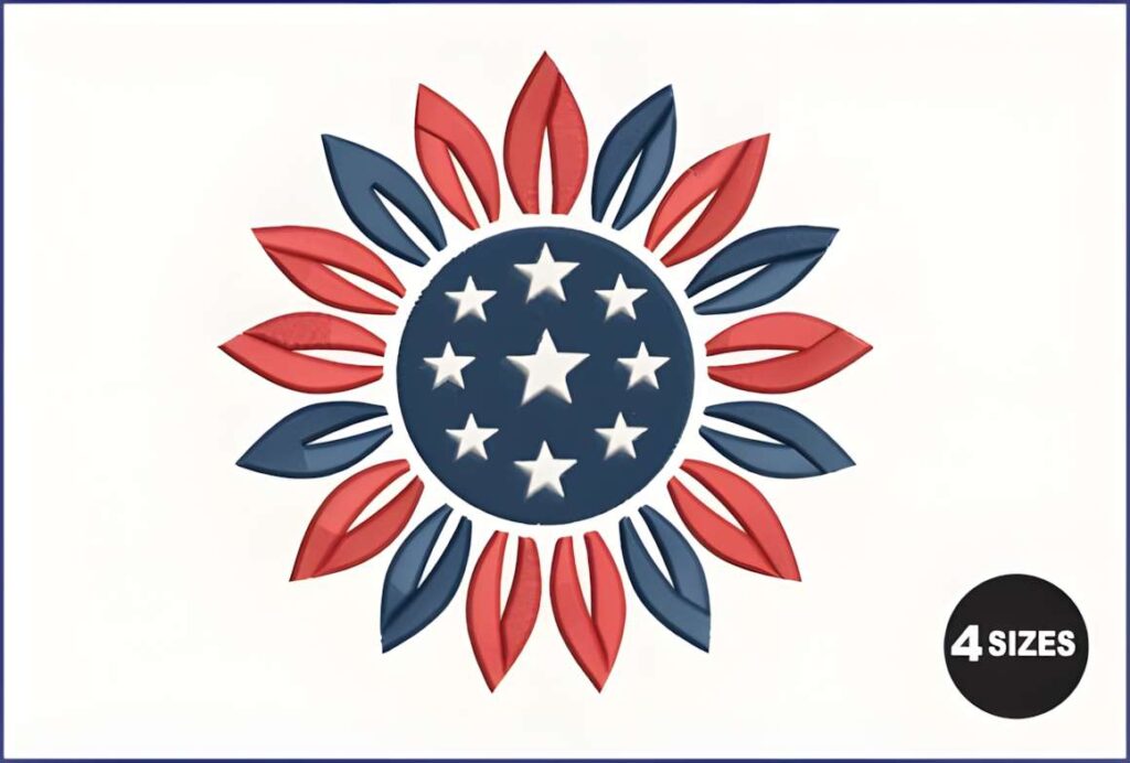 Machine embroidery designs for various styles featuring a patriotic sunflower with red, white, and blue petals and stars