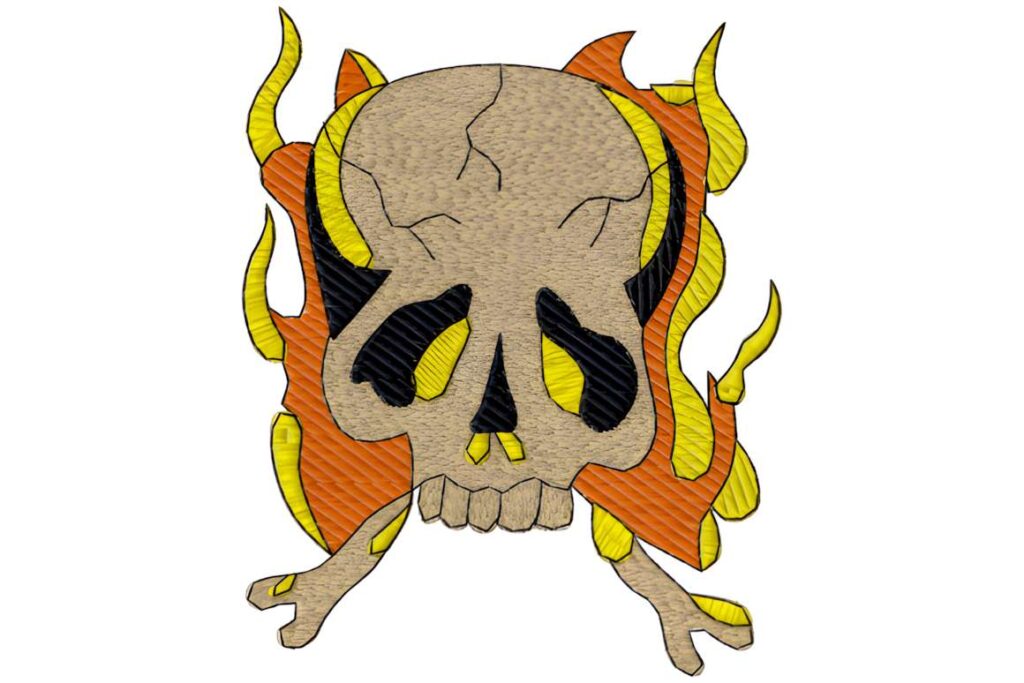 Machine embroidery designs for various styles featuring a skull with flames in orange and yellow