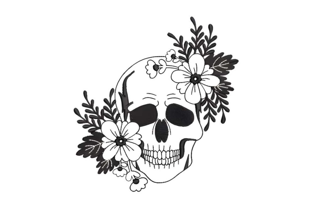 Skull with flowers embroidery design representing machine embroidery designs for various styles