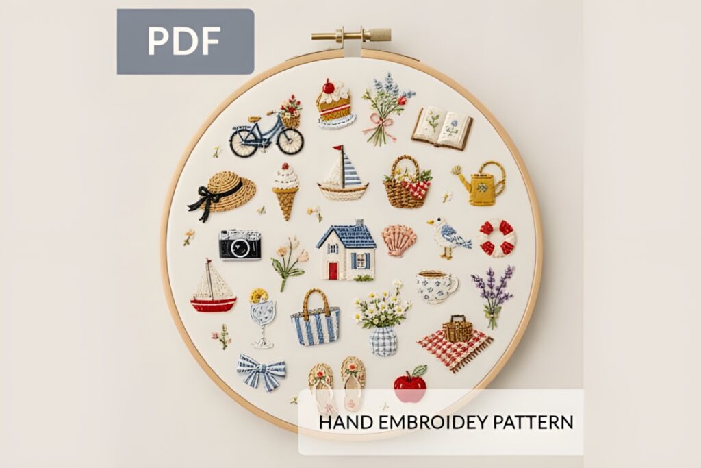 Round embroidery hoop with summer cottagecore hand embroidery patterns including bicycle, sailboats, flowers, and picnic