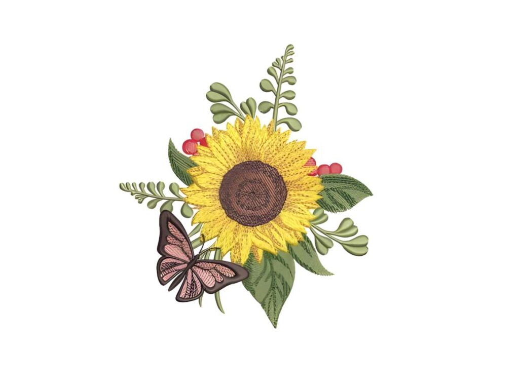 machine embroidery designs for various styles featuring a sunflower with leaves, red berries, and a pink butterfly