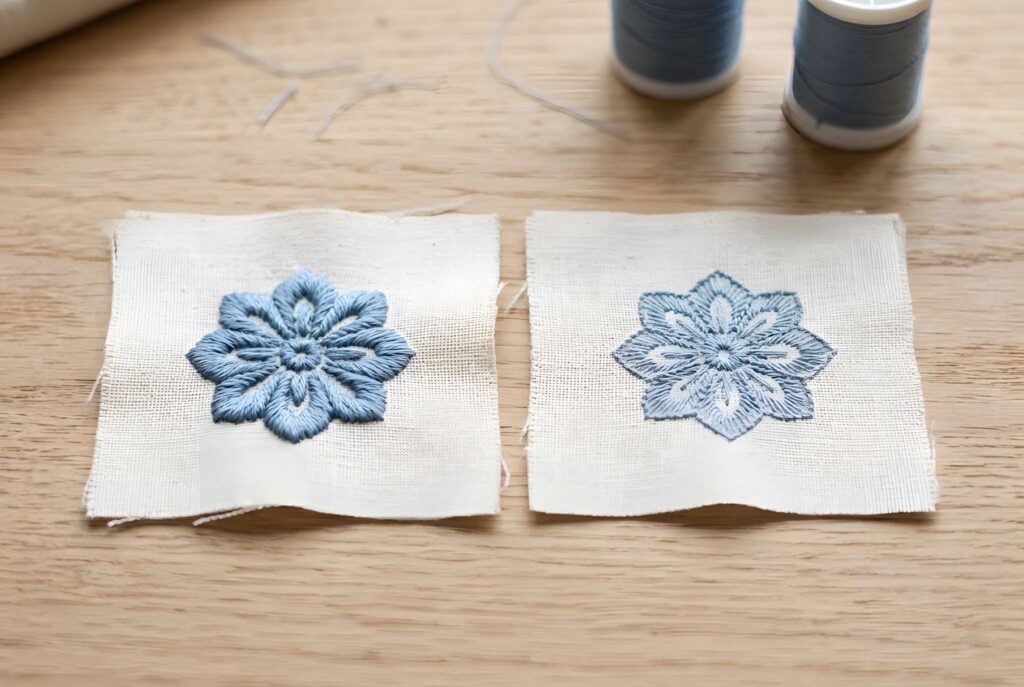 Two fabric squares with blue machine embroidery thread floral designs showing different thread weights and coverage