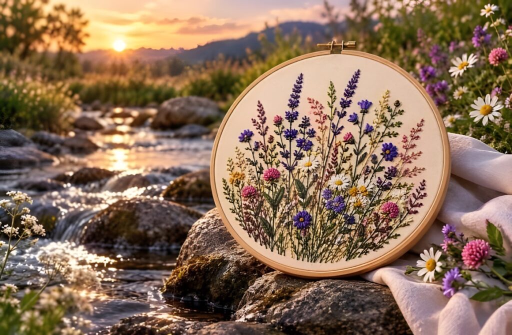 Hand embroidery patterns showing a meadow-inspired floral scene with lavender, pink, blue, white, and yellow flowers in a