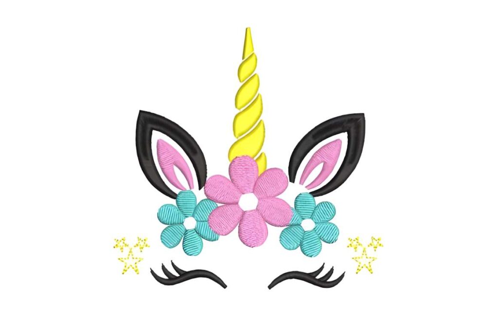 Colorful unicorn embroidery design with yellow horn, pink and blue flowers — machine embroidery designs for various styles
