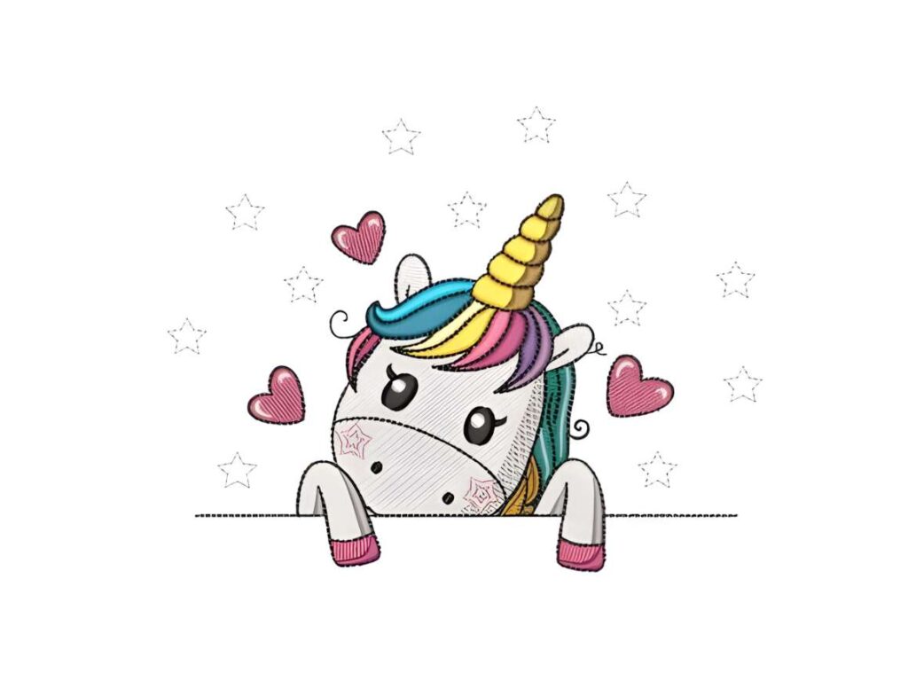Colorful unicorn machine embroidery designs for various styles with hearts and stars