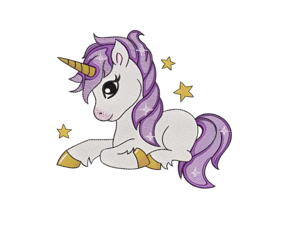 Unicorn machine embroidery design with purple mane and golden horn for machine embroidery designs for various styles