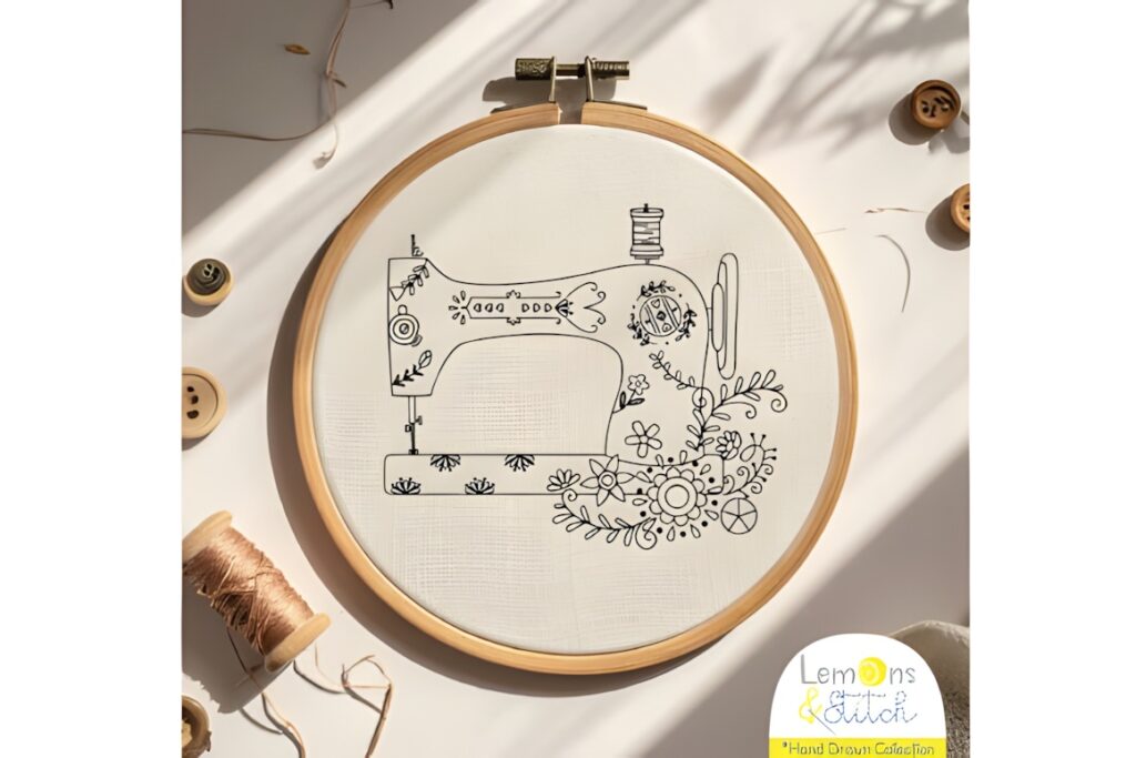 Hand embroidery patterns featuring a vintage Singer sewing machine with floral decoration in an embroidery hoop