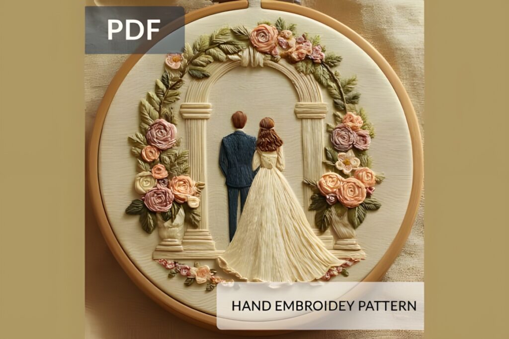 Wedding arch hand embroidery pattern showing bride and groom beneath floral arch in hoop — hand embroidery patterns