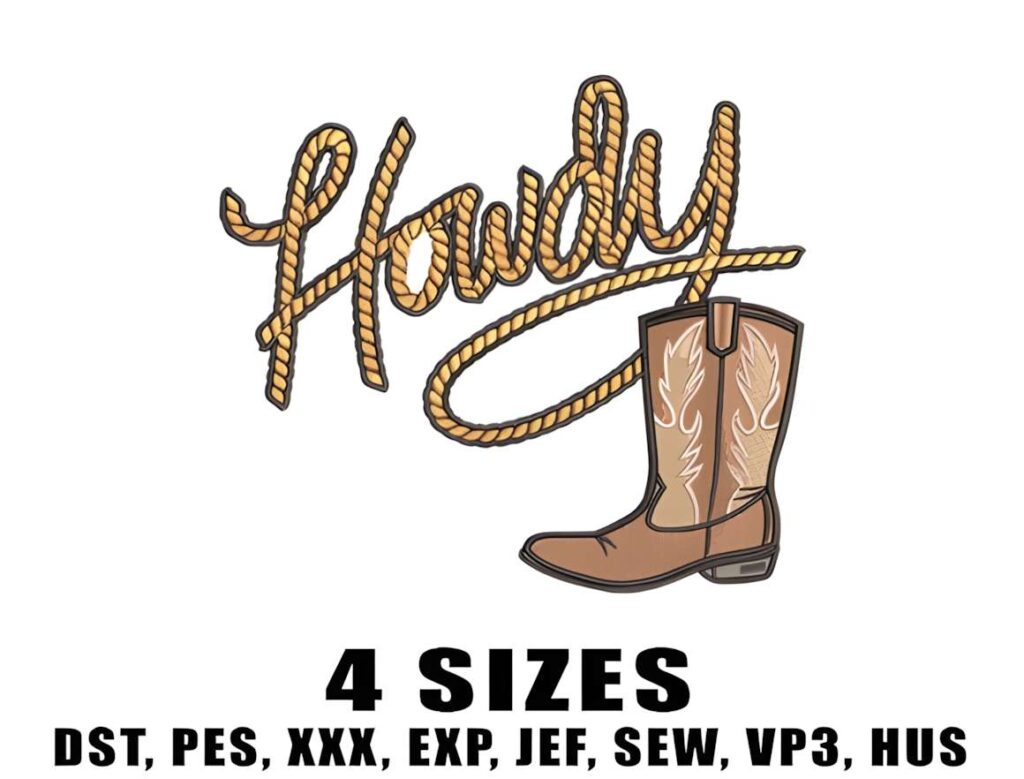 Machine embroidery designs for various styles featuring Western Howdy lettering with a cowboy boot