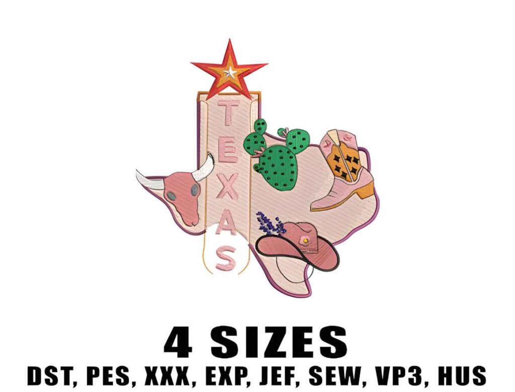 Machine embroidery designs for various styles featuring Texas-themed western elements including star, cactus, boots, hat
