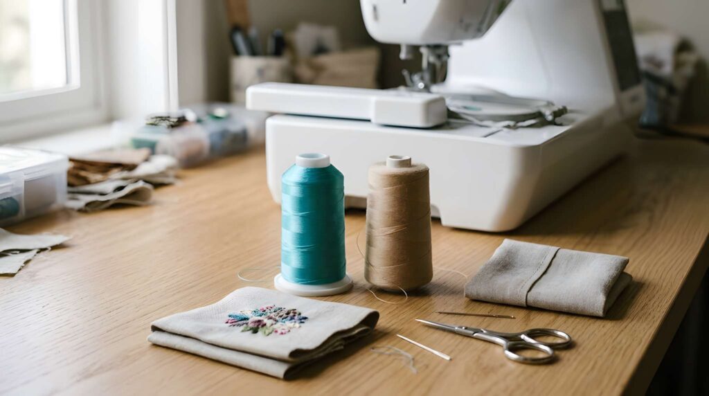 Machine embroidery thread spools and sewing tools on a wooden table near a sewing machine