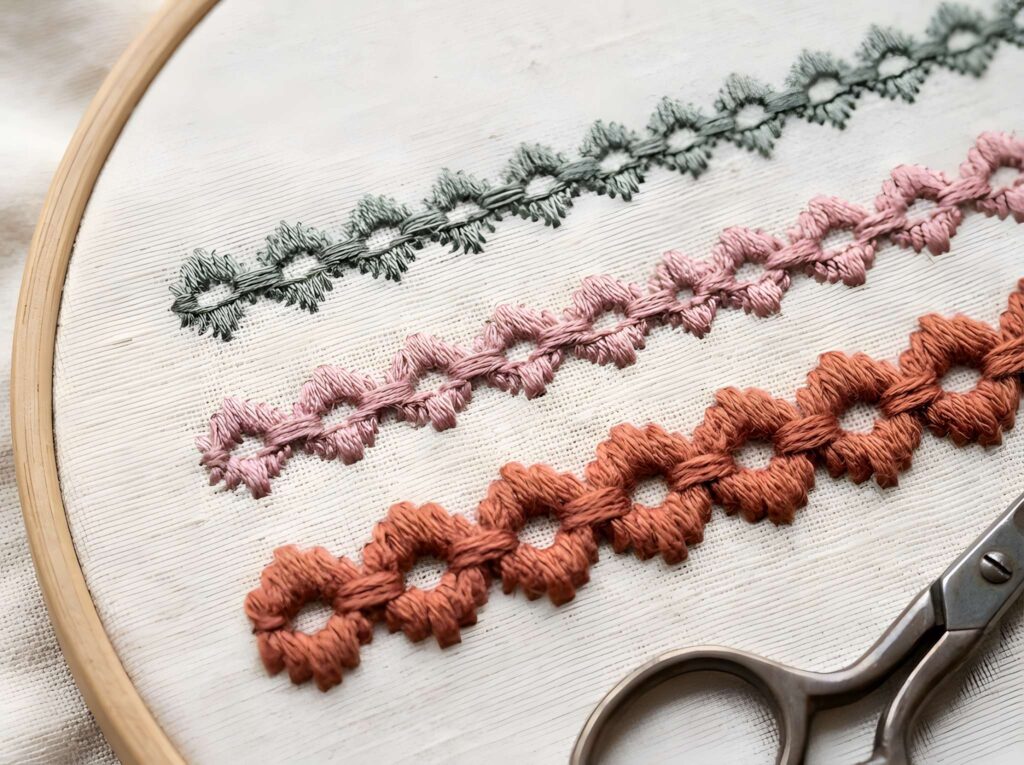 Best thread for machine embroidery shown in three different colors stitched in looped patterns on fabric inside an